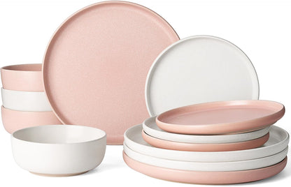 Famiware Milkyway Plates and Bowls Sets, 12 Pieces Dinnerware Sets, Reactive Glaze Dish Set