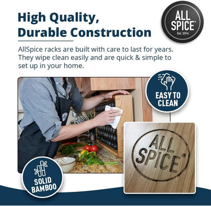 AllSpice Spice Rack Organizer, Wood, 525 Unique Labels, Countertop or Wall Mount, Includes 60 4oz