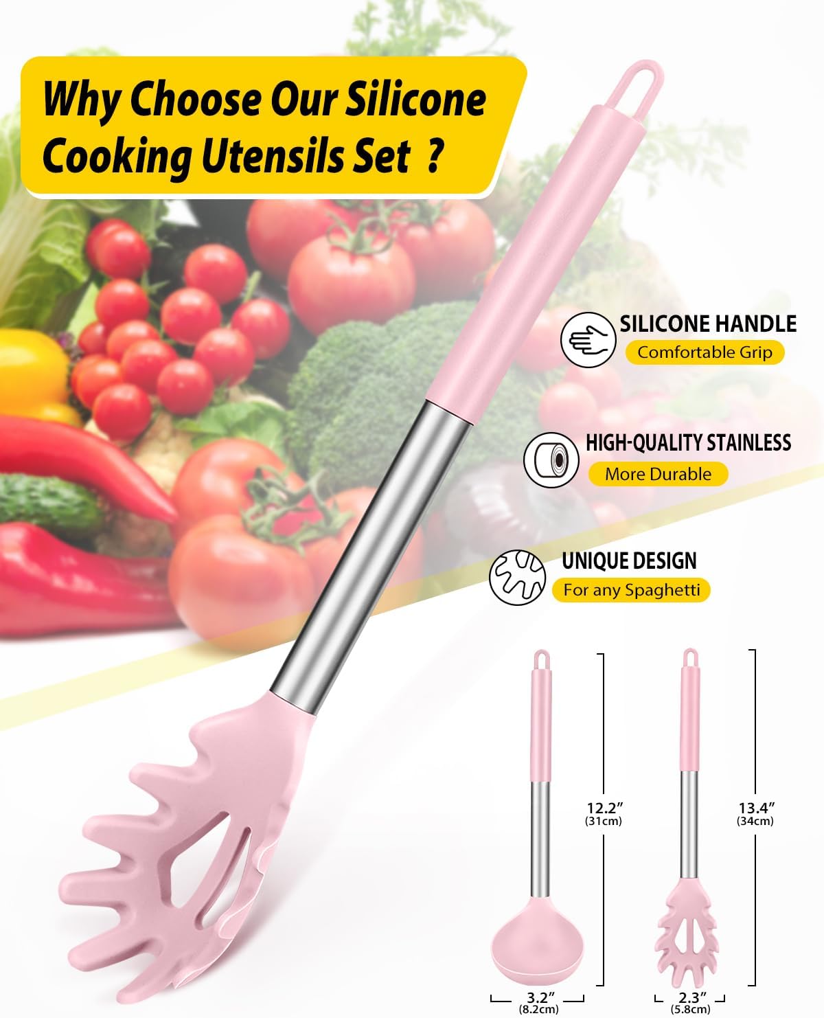 Silicone Pasta Fork and Ladle Spoon Set, Large Non Stick Kitchen Utensils for