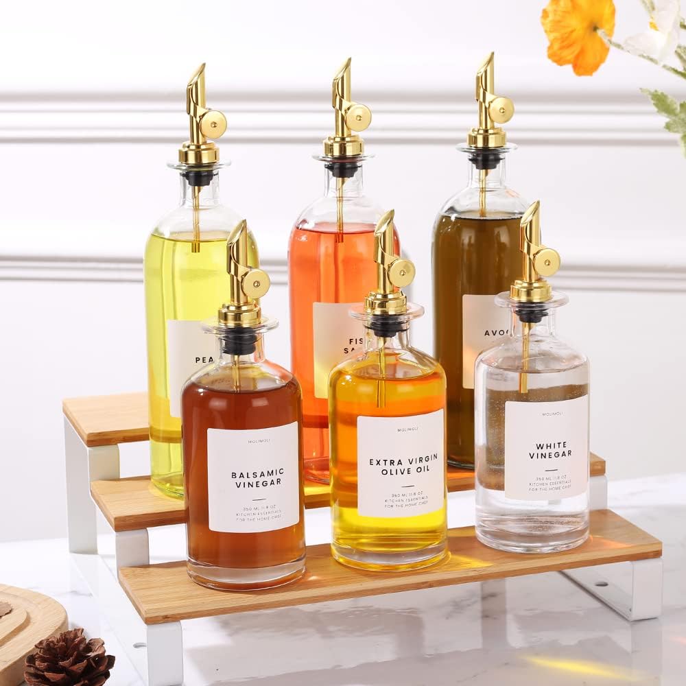 Molimoli Oil and Vinegar Dispenser with Metal Pour Spout, Weighted Pourer, Glass Bottle Dispenser
