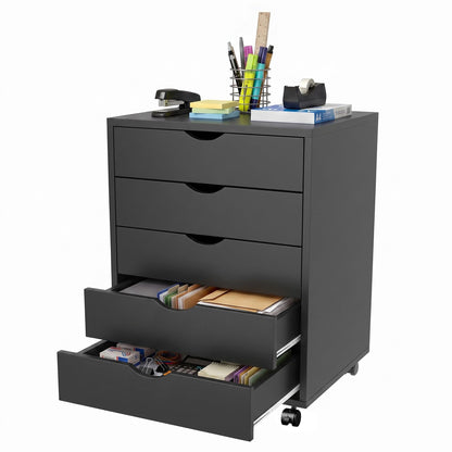 5 Drawer File Cabinet with Wheels, Under Desk Storage Drawers, Black