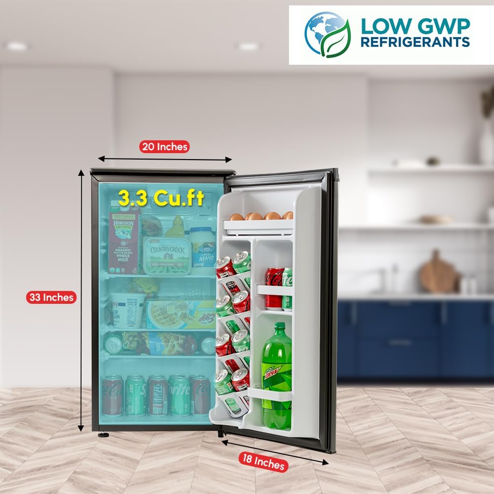 E-Star 3.3 Cu Ft Mini Fridge without Freezer - AUTO DEFROST, Reversible Single Door, Glass Shelf