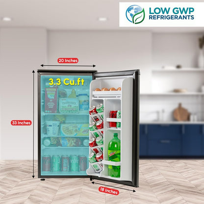 E-Star 3.3 Cu Ft Mini Fridge without Freezer - AUTO DEFROST, Reversible Single Door, Glass Shelf
