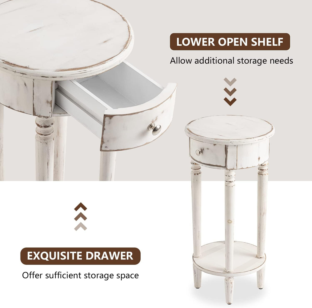 COSIEST Tall End Table with Drawer Sets of 2, Round Nightstand Bedside Table with Storage Shelf