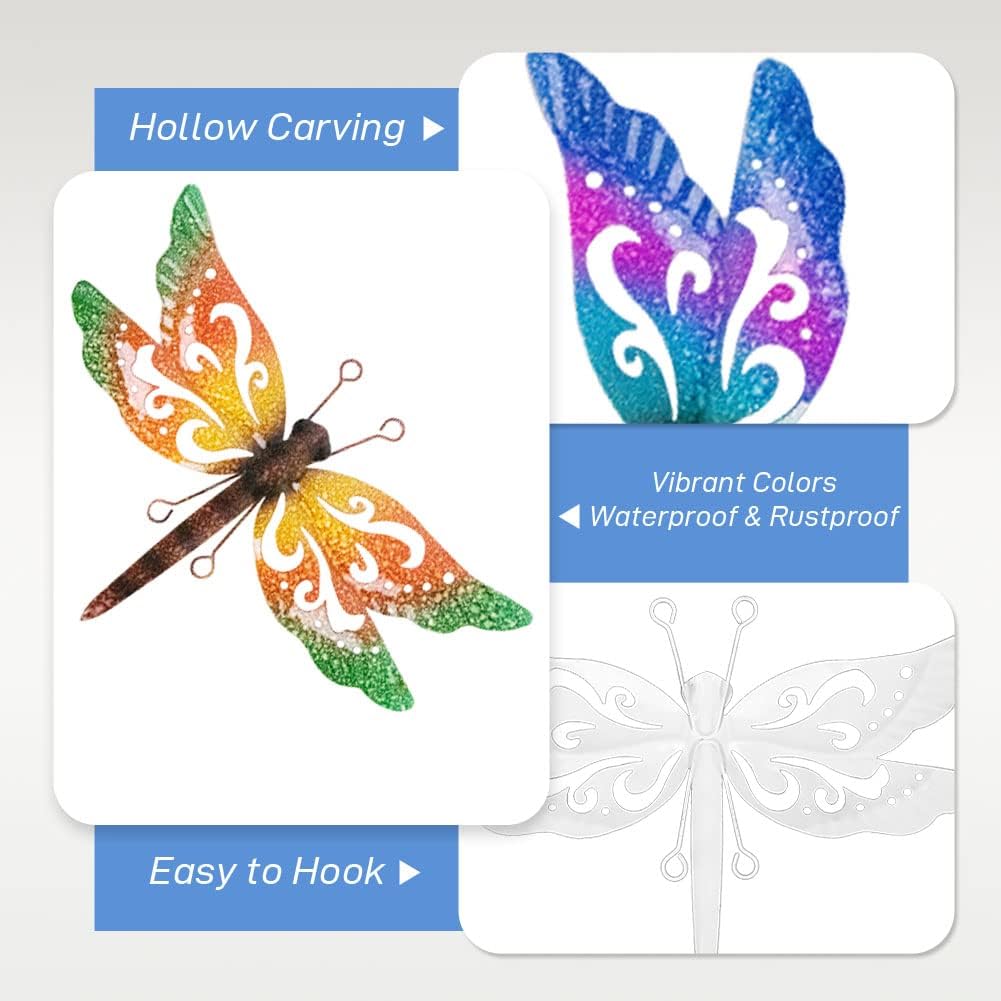 Metal Dragonfly Wall Decor, 3 Pack Colorful Dragonfly Outdoor Decor, Metal Outdoor Wall Art for
