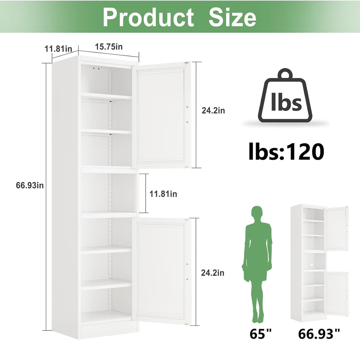 Tall Narrow Storage Cabinet 66.93" H Tall Bathroom Cabinets Metal Pantry Cabinet, 4 Adjustable