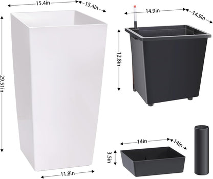 30 Inch Tall Planters Set of 2, Front Porch Self Watering Pots with Drainage Holes ＆ Water Level