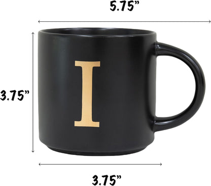 COLLECTIVE HOME - Monogram Ceramic Mugs, 15 oz Golden Initial Black Coffee Cups, Elegant Alphabet