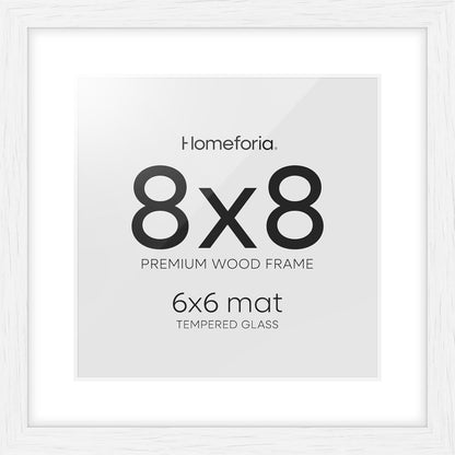 Homeforia 8x8 Picture Frames White, High-End Oak 8 x 8 Square Wood Frame with Mat 6 by 6 Photo, 8x8