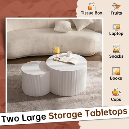 Round Nesting Coffee Table Set of 2 Modern White Fluted Coffee Table Small Round End Table Crescent