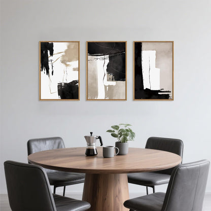 Black White Brown Framed Canvas Wall Art Set, Neutral Geometric Wall Decor, Modern Abstract Wall