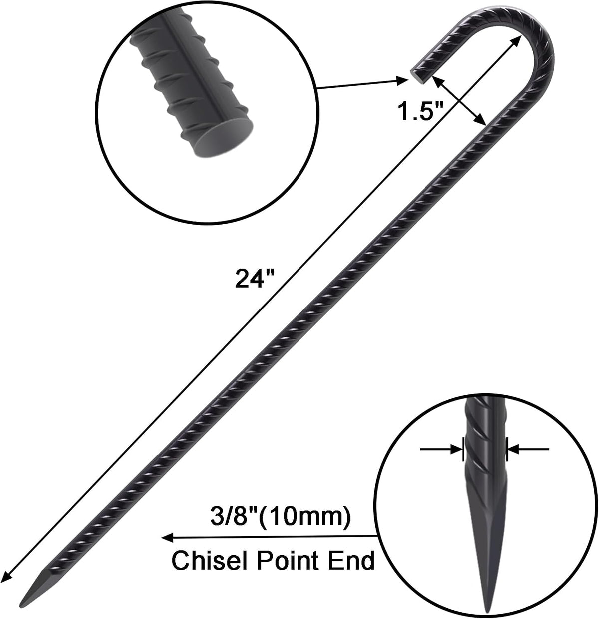 VVOKGO Rebar Stakes 24 Inch J Hook Heavy Duty Ground Anchors (32pcs), 3/8 Inch Diameter Metal Steel