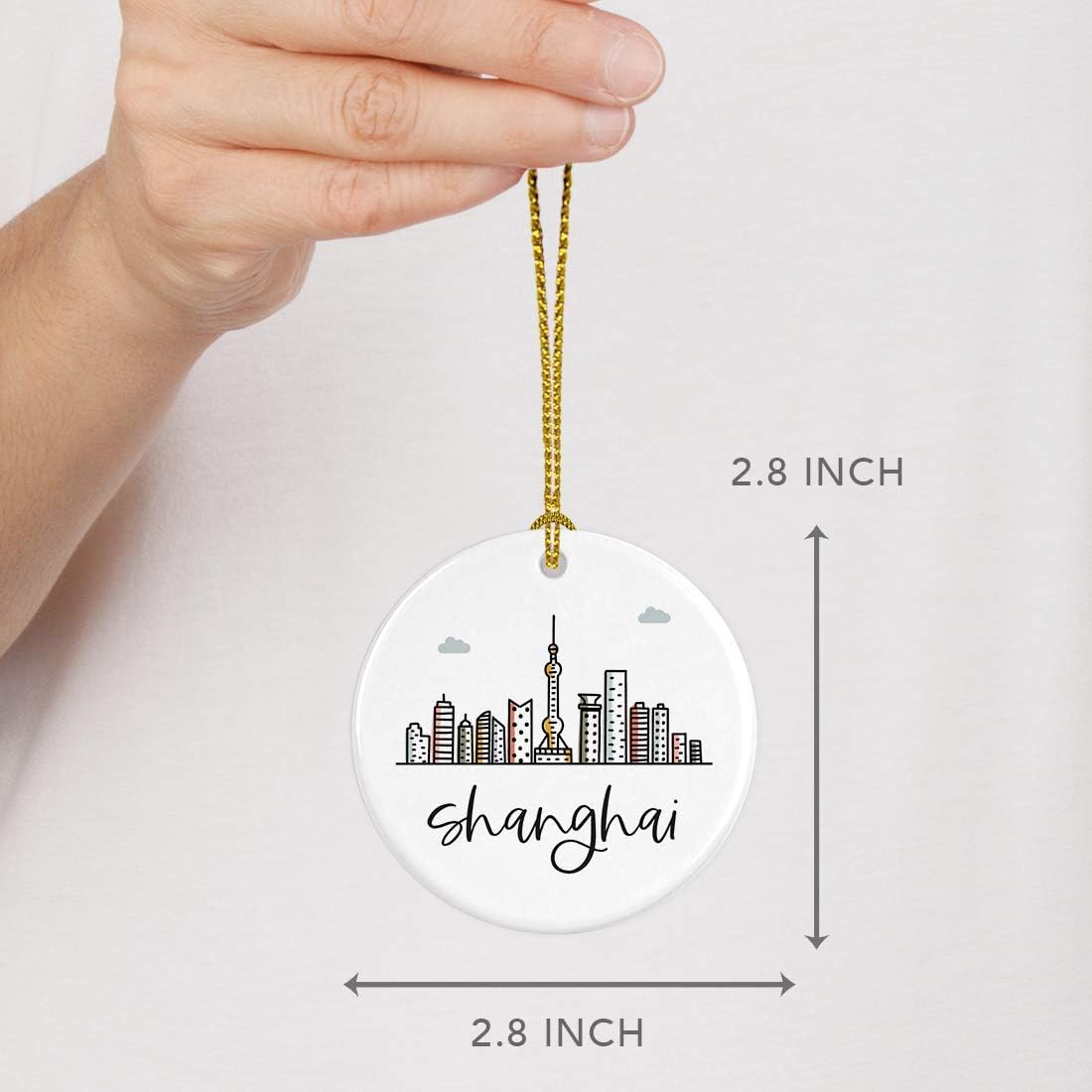 Andaz Press Round Ceramic Porcelain Christmas Tree Ornament Keepsake Gift, Shanghai, Colorful
