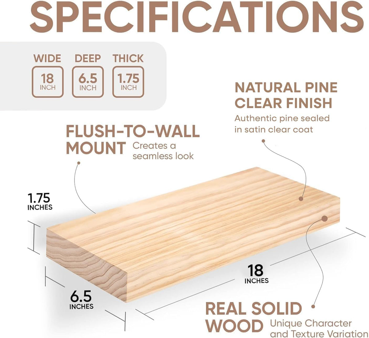 Homeforia 18 inch Natural Floating Shelf, High End Solid Real Wood 18inch Small Floating Shelves