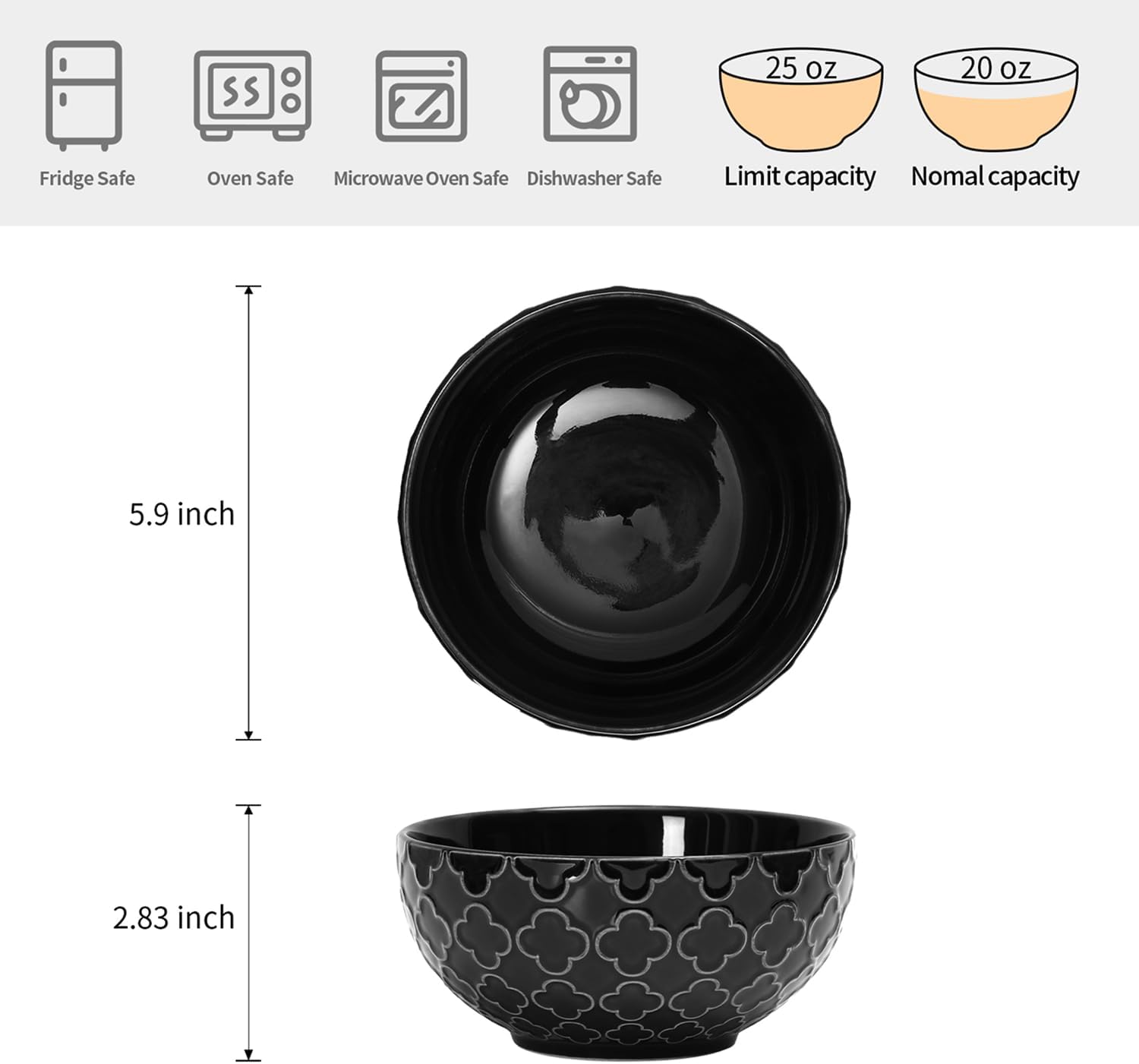 Sureasy Ceramic Cereal Bowls Set of 4, 5.9 Inch Deep Soup Bowls for Kitchen, 25 oz Embossed