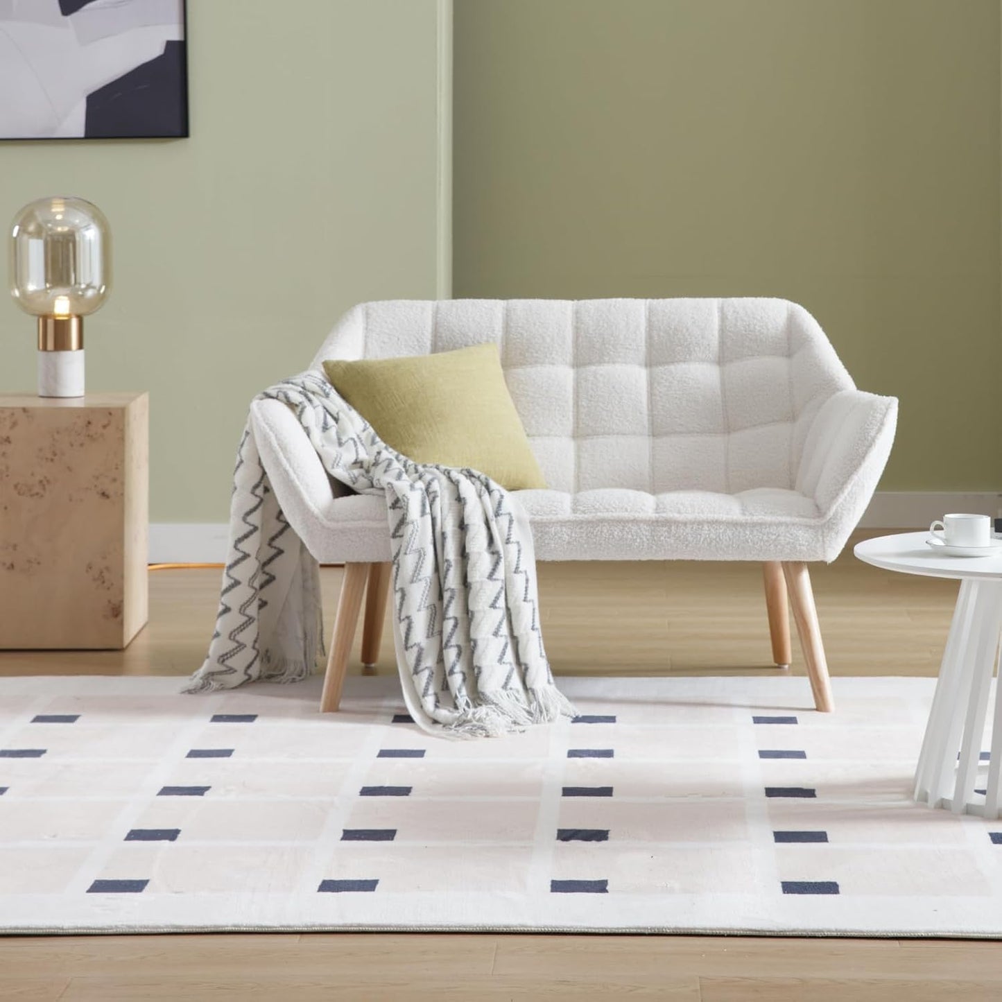 48" Small Loveseat Sofa, Modern Sherpa Mini Sofa Couch 2-Seater Fluffy Love Seat with Quilting