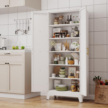 75" Tall Metal Kitchen Pantry Storage Cabinet, Freestanding Cupboard with 2 Doors and 5 Adjustable