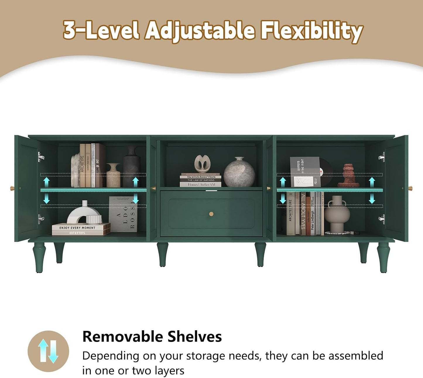 ARTPOWER 67'' Mid-Century Modern TV Stand with Storage Drawer and Doors, Long TV Stand with