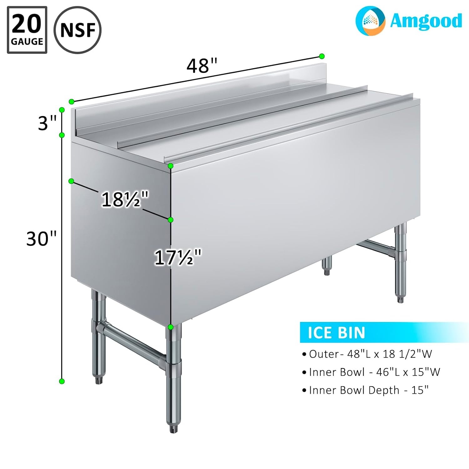 AmGood 18.5 in. x 48 in. Underbar Ice Bin with Sliding Lid | NSF | Stainless Steel Ice Chest with