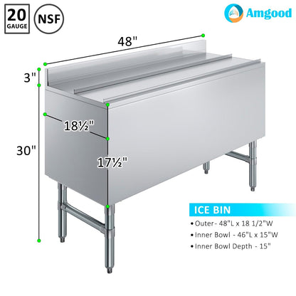 AmGood 18.5 in. x 48 in. Underbar Ice Bin with Sliding Lid | NSF | Stainless Steel Ice Chest with