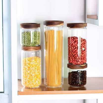 Glass Canisters Set of 5 for the kitchen, Glass Storage Container jars with Airtight Acacia Lid for