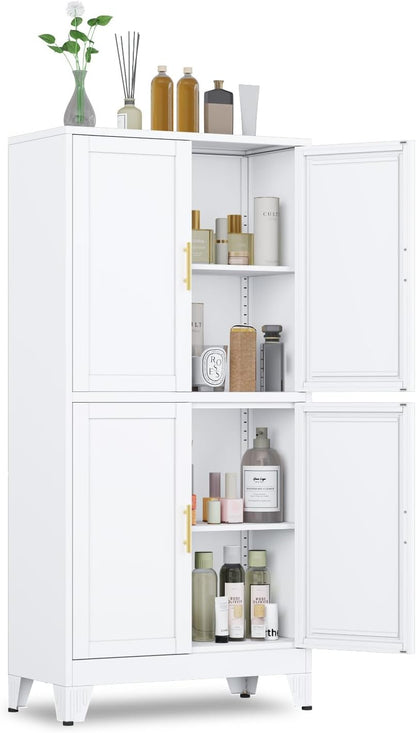 47.25" Metal Pantry Cabinet, Storage Cabinets with 4 Door and 2 Adjustable Shelves, White Bathroom