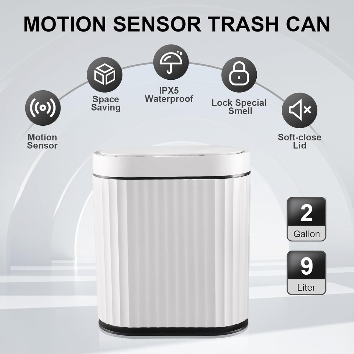 ELPHECO Bathroom Trash Can with Lid 2 Gallon Small Sensor Garbage Can, 9 Liter Slim Smart Trash