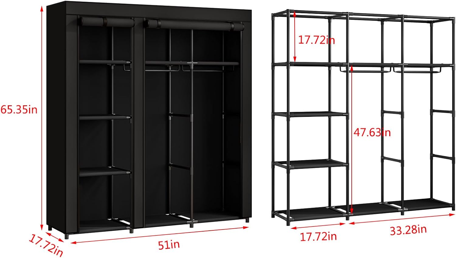 SORCEDAS Portable Wardrobe Closet Storage Organizer Metal Hanging Rack Non-Woven Fabric (Black, 51