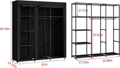 SORCEDAS Portable Wardrobe Closet Storage Organizer Metal Hanging Rack Non-Woven Fabric (Black, 51