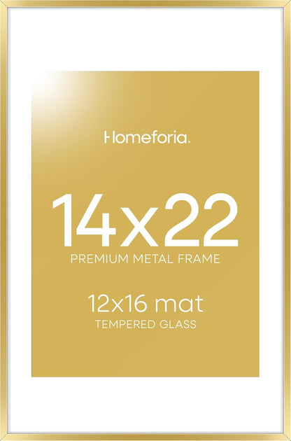 Homeforia 14x22 Picture Frame Gold, High End Metal 14x22 Poster Frames with Mat 12x16 Photo, 14 x