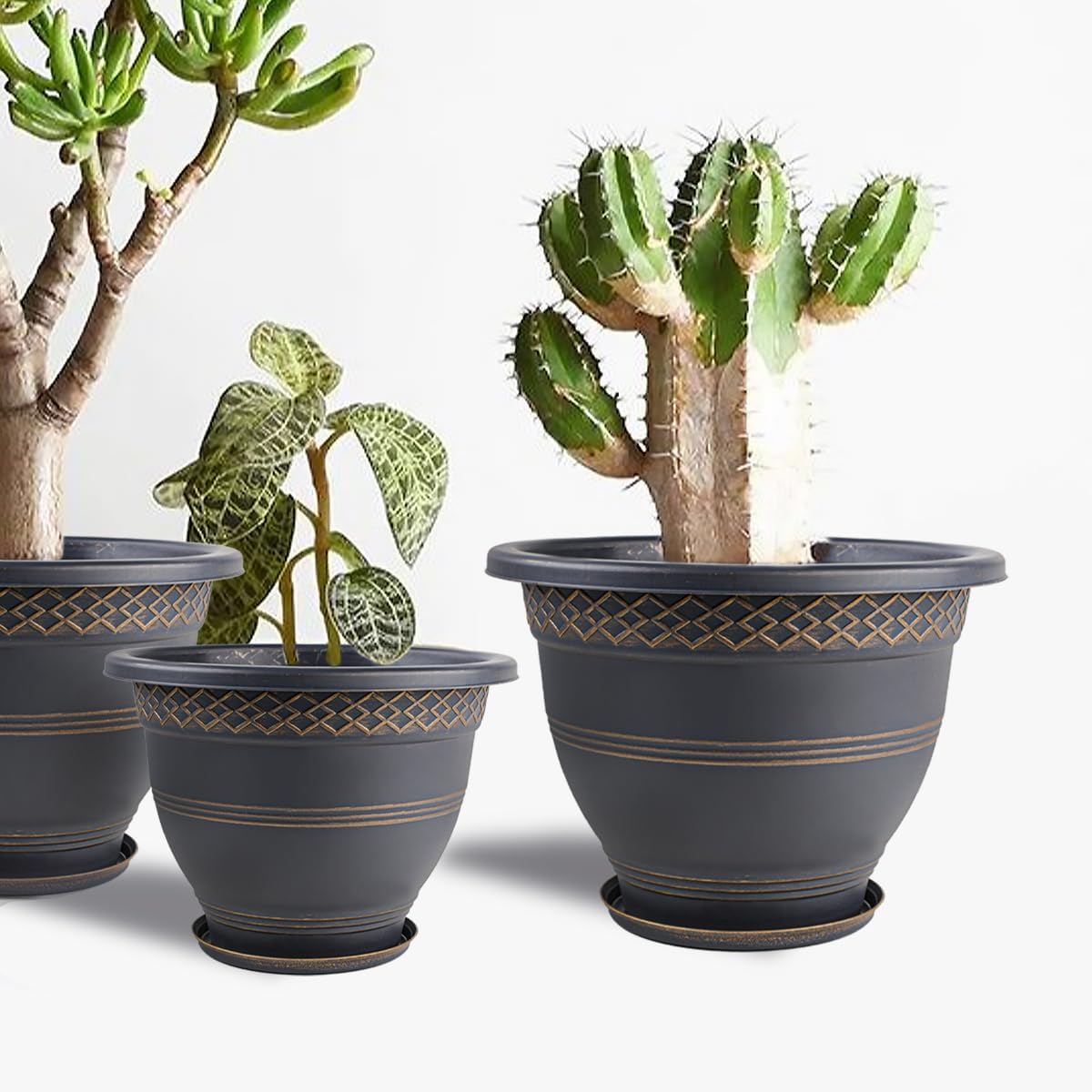 10 Inch 4 Pack Large Plant Pots, Plastic Flower Pot for Indoor & Outdoor with Drainage Holes &
