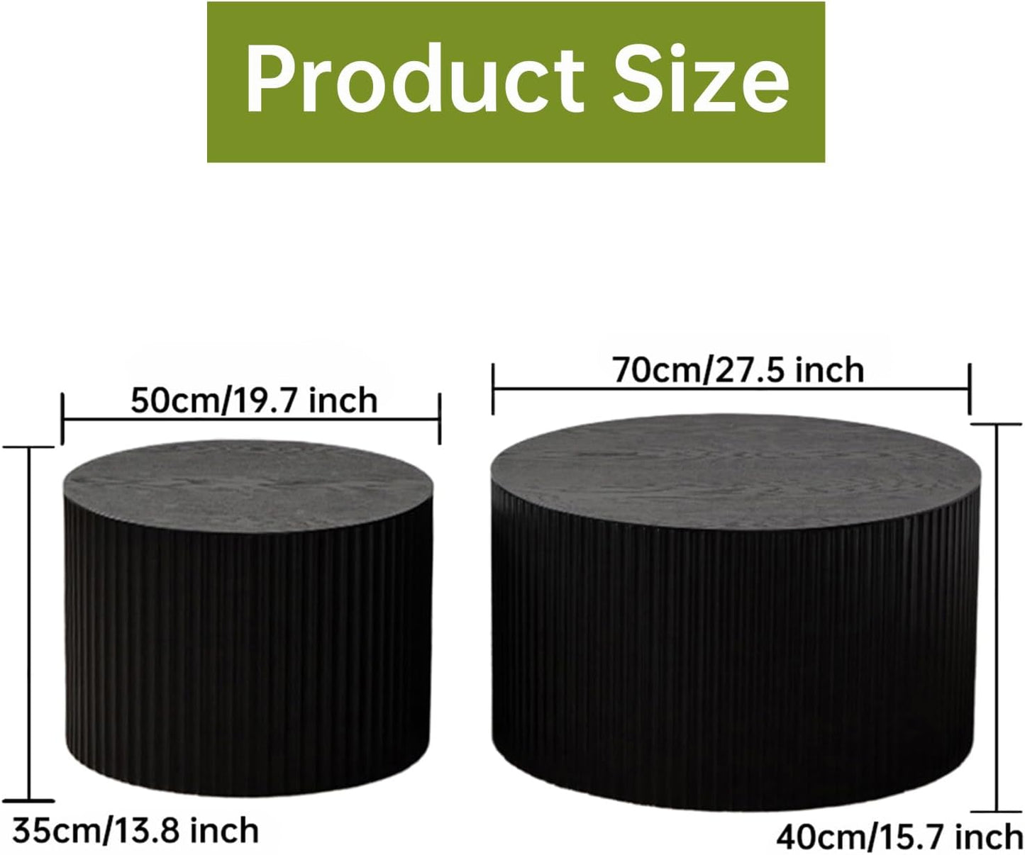 Round Nesting Coffee Table Modern Black Fluted Coffee Table Set of 2 for Living Room Circle Drum