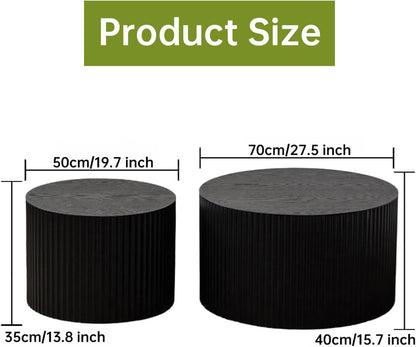 Round Nesting Coffee Table Modern Black Fluted Coffee Table Set of 2 for Living Room Circle Drum