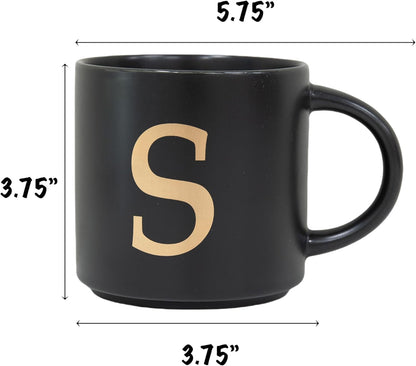 COLLECTIVE HOME - Monogram Ceramic Mugs, 15 oz Golden Initial Black Coffee Cups, Elegant Alphabet