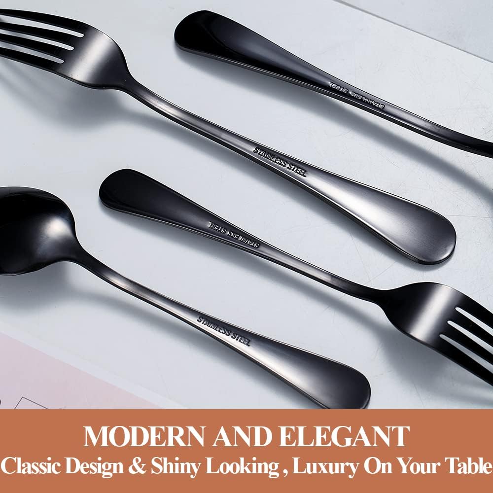 Lazycorner 30 Pcs Black Silverware Set for 6, Mirror Polished Flatware Set Stainless Steel Fork