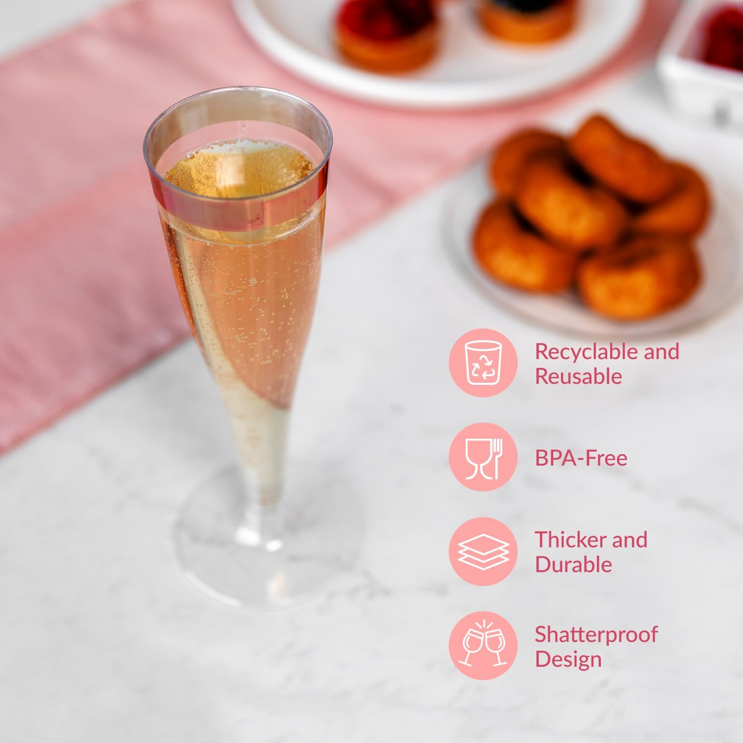 Prestee Set of 24 Plastic Champagne Flutes with Rose Gold Rim - 4.5 oz - Shatterproof Disposable
