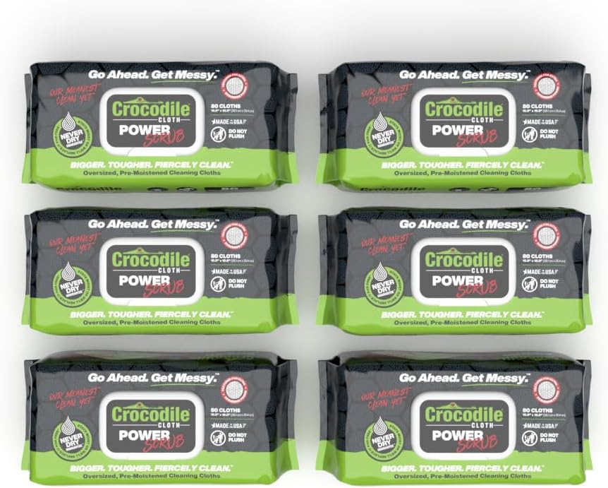 Crocodile Cloth Power Scrub - 6 pack. 480 (15" x 10") Heavy Duty Cleaning Wipes. Safe on Skin &