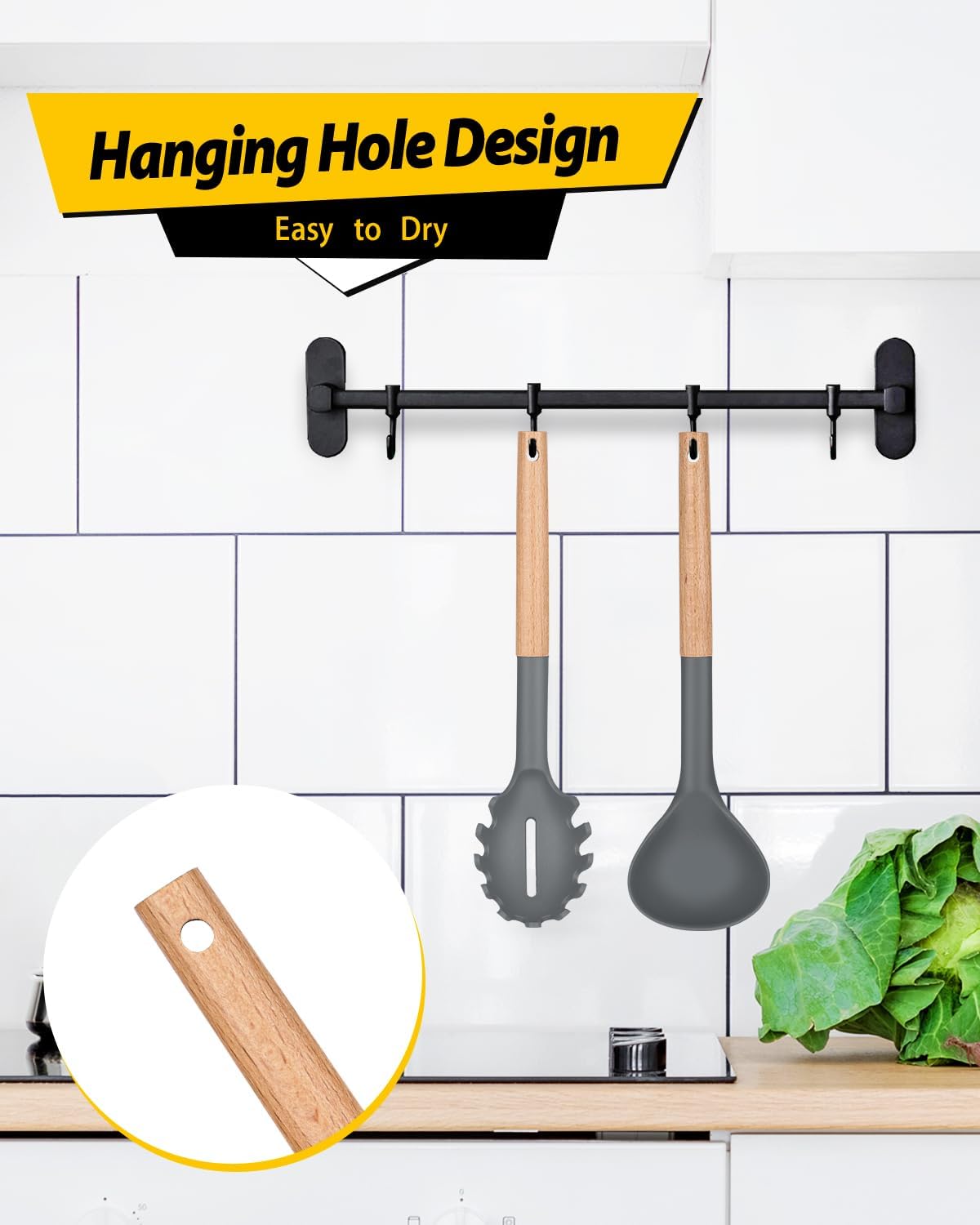 Silicone Pasta Fork and Ladle Spoon Set with Wooden Handle, Heat Resistant Non Stick Kitchen
