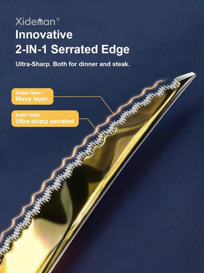 16-Piece Modern Champagne Gold Hammered Silverware Set with Ultra Sharp 2-IN-1 Serrated Knive