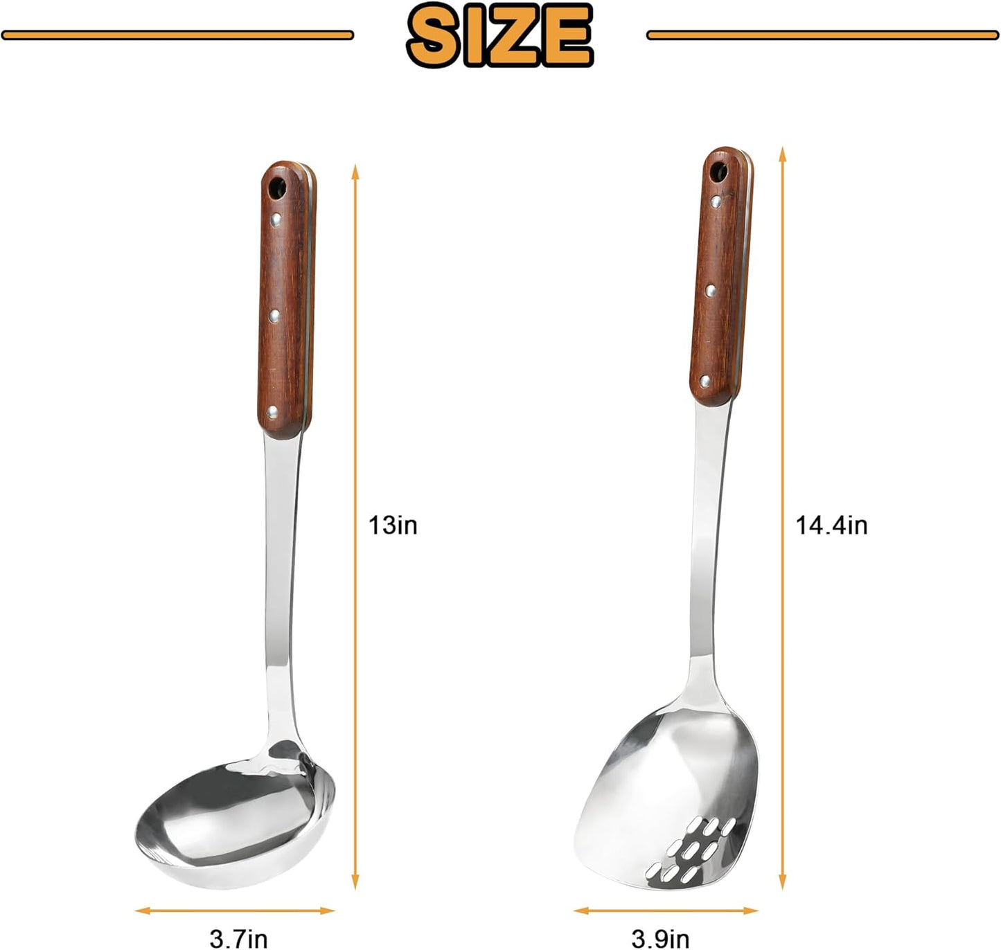 FJNATINH Stainless Steel Wok Spatula and Ladle Tool, Mirror Polished Cooking Utensils Set Metal Wok