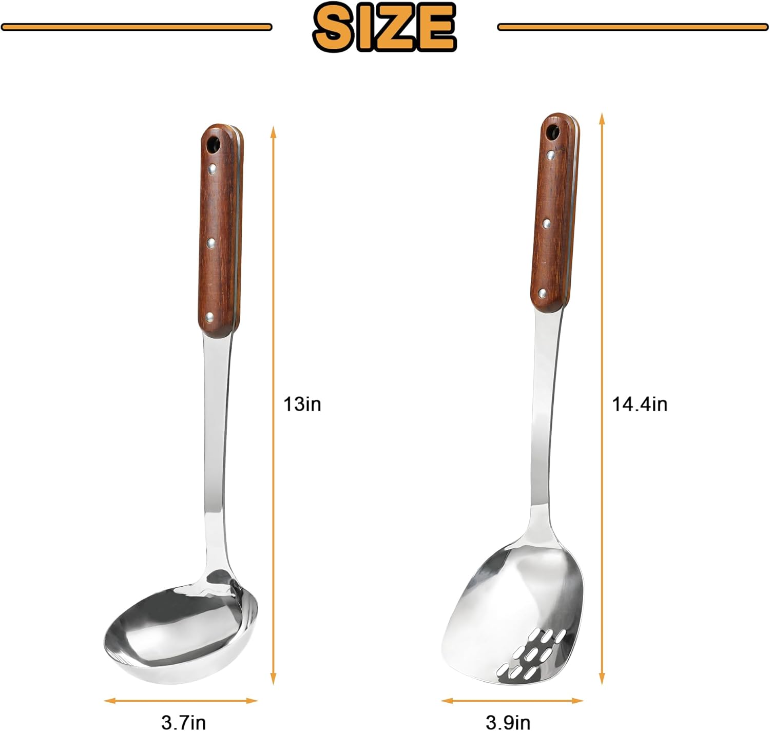 FJNATINH Stainless Steel Wok Spatula and Ladle Tool, Mirror Polished Cooking Utensils Set Metal Wok