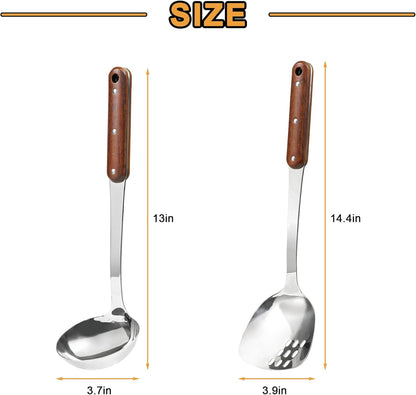 FJNATINH Stainless Steel Wok Spatula and Ladle Tool, Mirror Polished Cooking Utensils Set Metal Wok