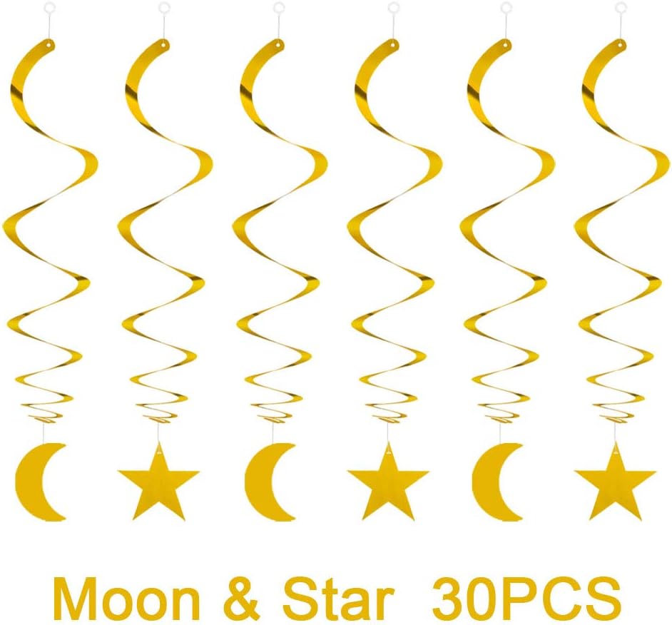 Party Star Moon Swirl Decorations, Gold Ceiling Hanging Swirl Decorations with Star Moon, Whirls