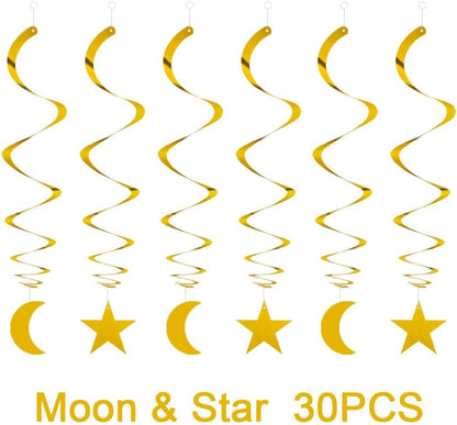 Party Star Moon Swirl Decorations, Gold Ceiling Hanging Swirl Decorations with Star Moon, Whirls