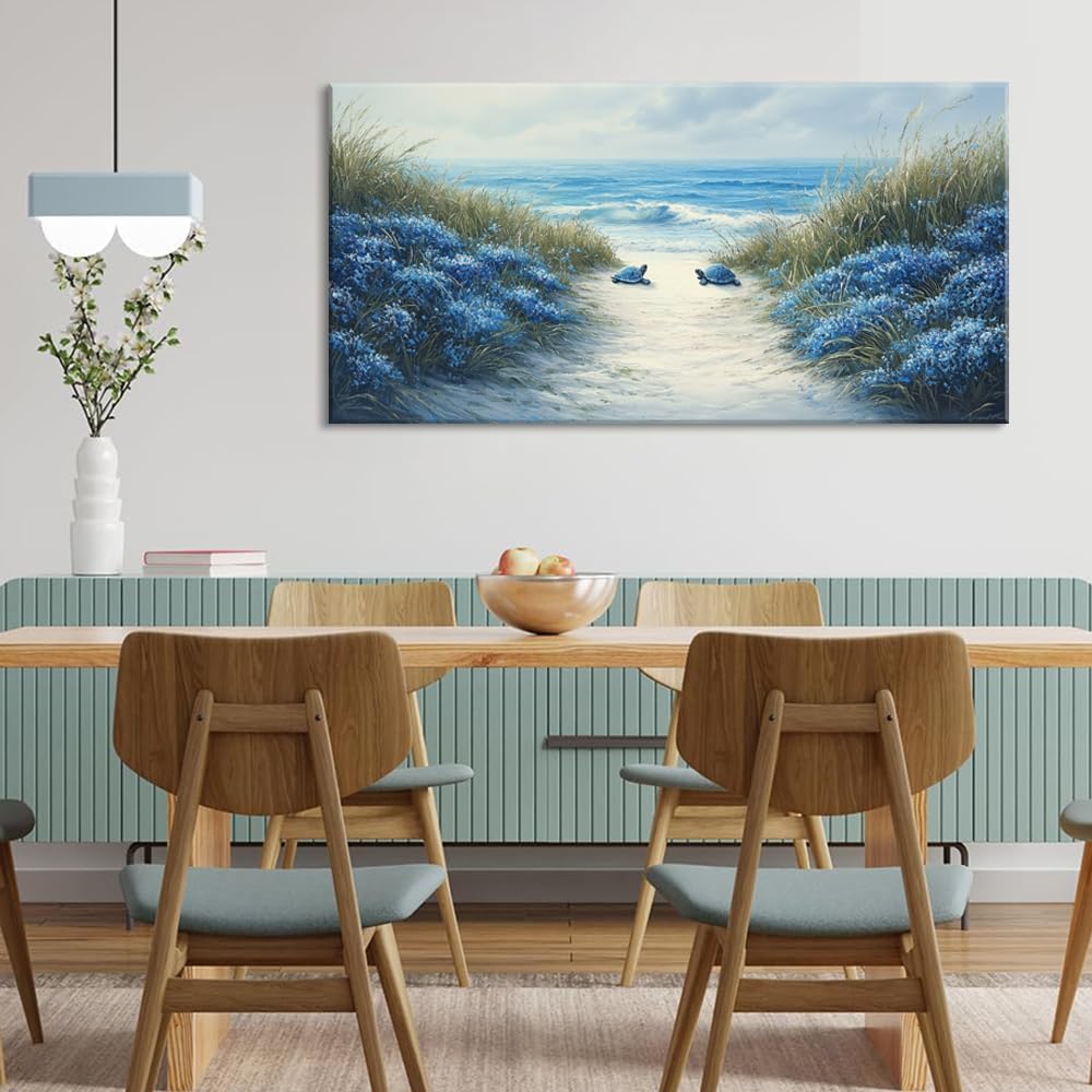 LASMOND Romantic Beach Wall Art for Living Room Blue Sea Turtle Lovers Canvas Painting Prints Ocean
