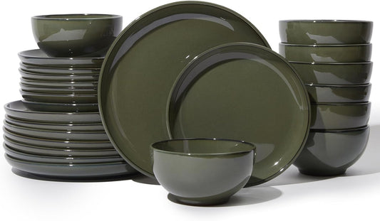 24 Piece Dinnerware Set for 8, Santorini Mist Terracotta Plates and Bowls Sets, Complete Stoneware
