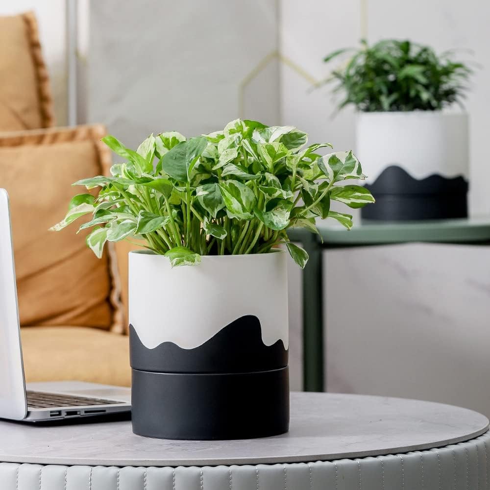 Nihow Self Watering Plant Pot: 6 Inch Ceramic Planter with Drainage Hole & Water Storage Plus for