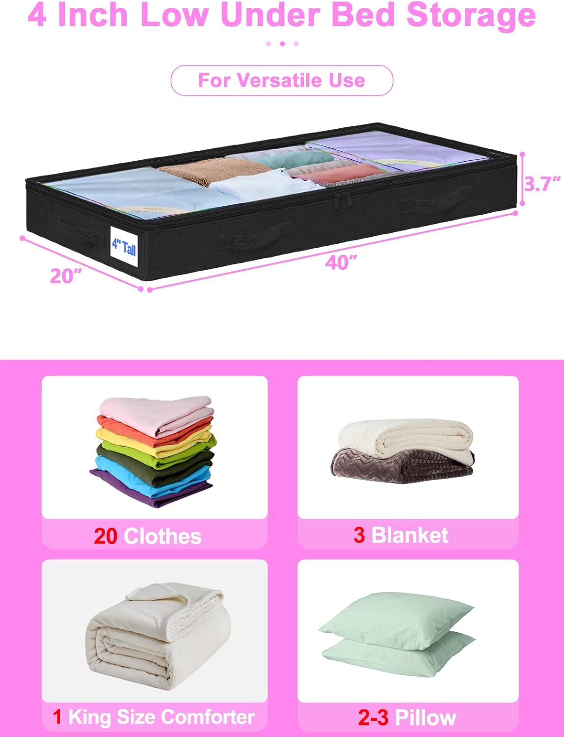 punemi Under Bed Storage Containers, Below 4 Inches Tall Low Profile Foldable Under Bed Storage,No