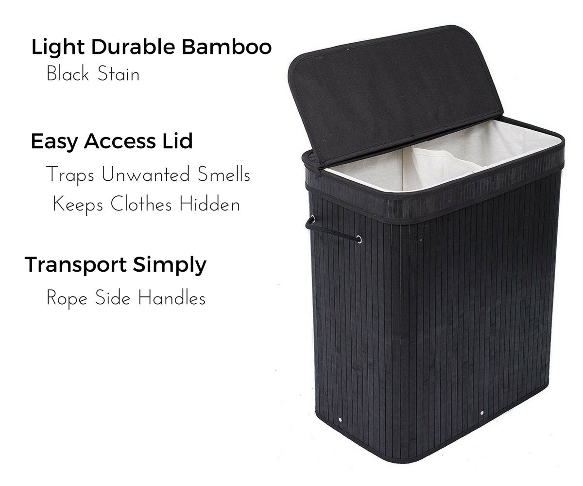 BIRDROCK HOME Double Laundry Hamper with Lid and Cloth Liner - Bamboo - Black - Easily Transport