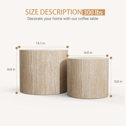 Travertine Round Nesting Coffee Tables 2 Piece Set - Contemporary Design, Round Drum Nesting Side